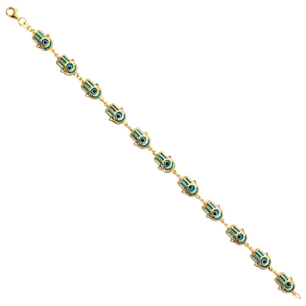 14K Yellow Hamsa Blue Evil Eye Bracelet