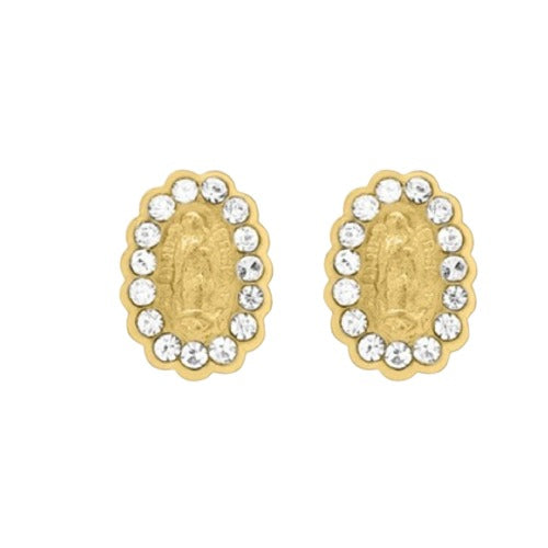 OroKarat 14K Yellow Gold Mini Oval CZ Virgin Mary Screw Back Stud Earring