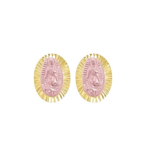 OroKarat 14K Yellow Gold Border With Rose Gold Virgin Mary Screw Back Stud Earring