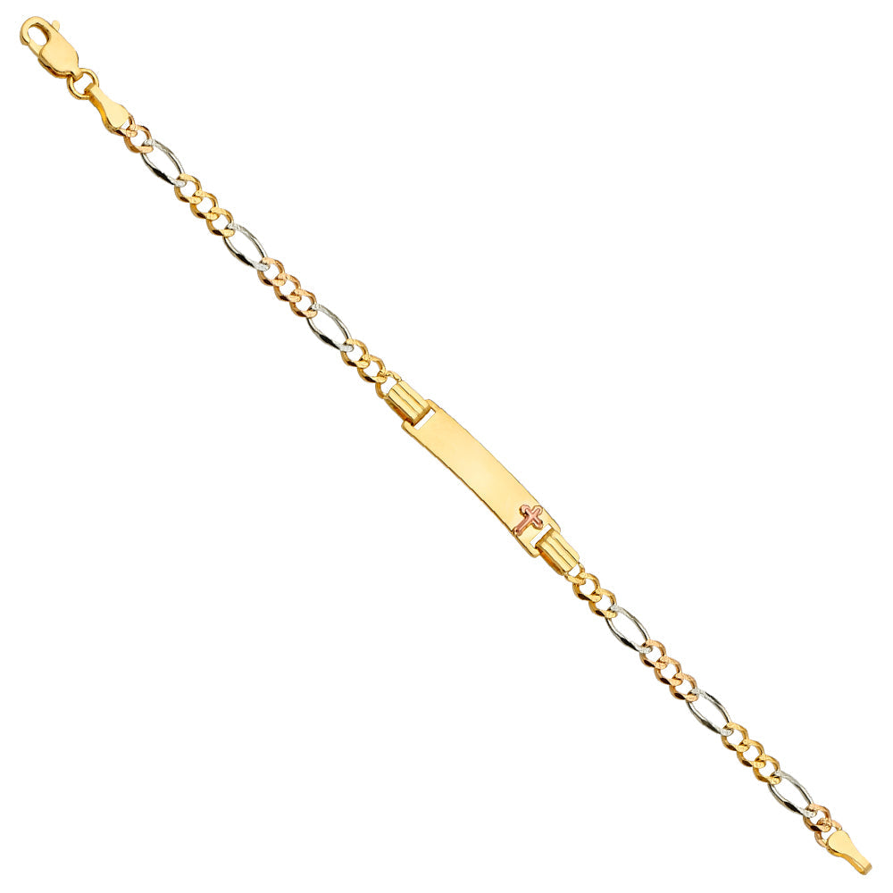 14K Tri Color Gold Figaro 3+1 080 Cross Baby ID Bracelet