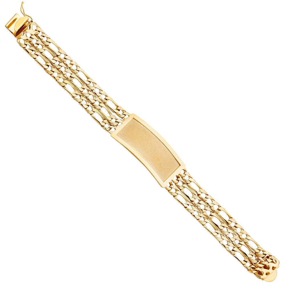 14K Yellow Gold 3 Lines Light Nugget Figaro Link Frame ID Bracelet