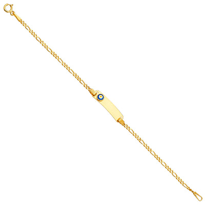 14K Yellow Gold 6inches Baby ID Bracelet With Evil Eye