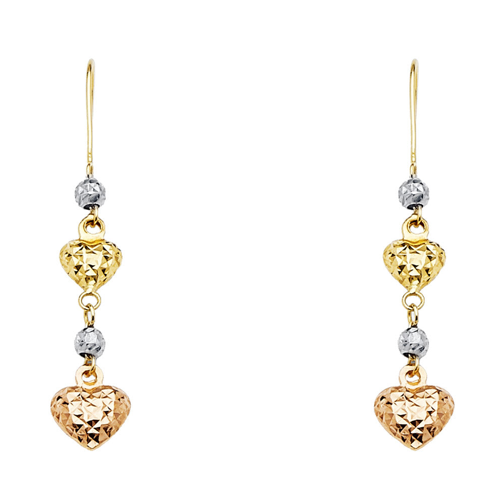 14K Tri Color Gold Heart Hanging Earrings