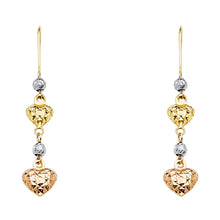 Load image into Gallery viewer, 14K Tri Color Gold Heart Hanging Earrings