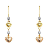 14K Tri Color Gold Heart Hanging Earrings