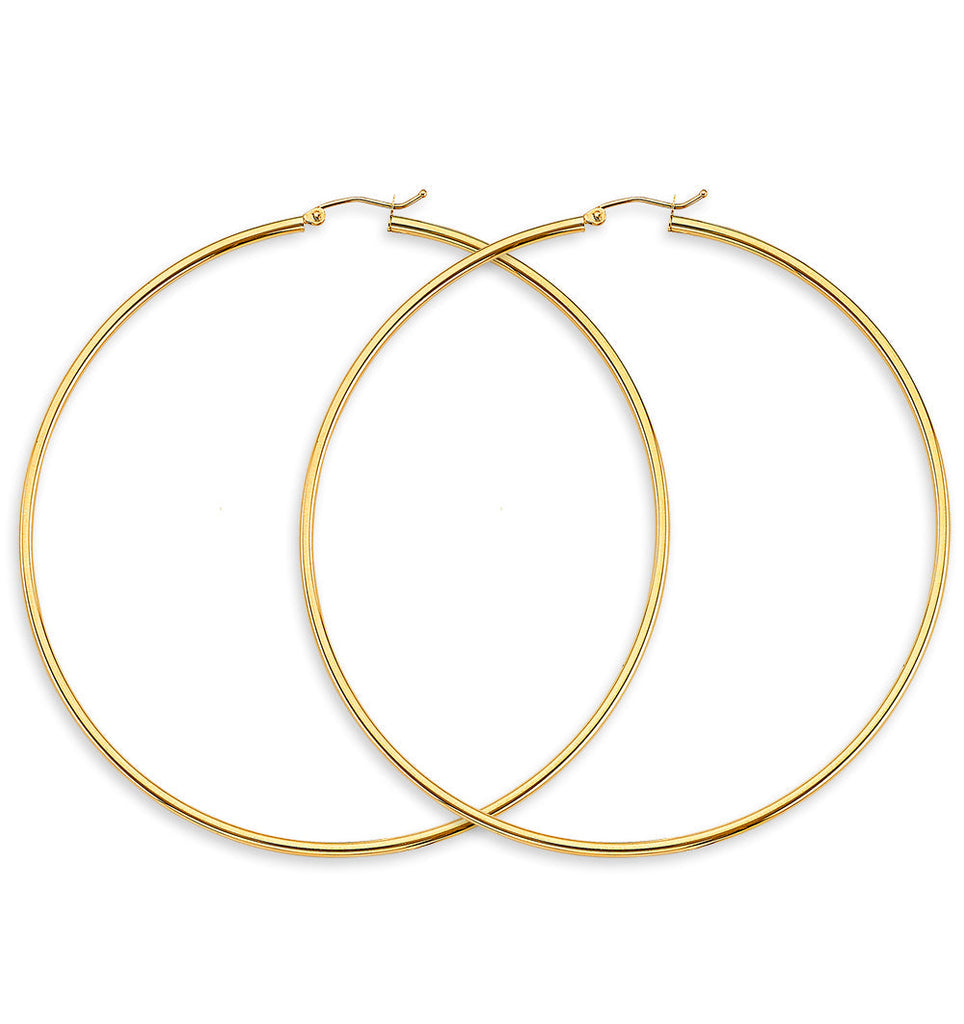 14K Yellow Gold 2mm Big Round Tube Polish Hoop Earrings