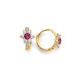 14K Yellow Gold 10mm Flower CZ Huggies Earrings