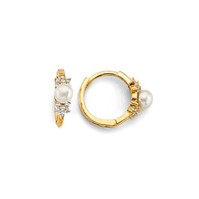 Load image into Gallery viewer, 14K Yellow Gold CZ Pearl Huggies Earrings