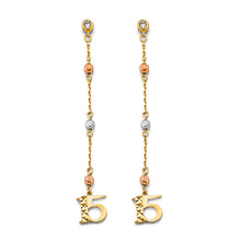 Load image into Gallery viewer, 14K Tri Color Gold Hanging CZ Ball 15 Years Earrings