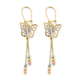 14K Tri Color Gold Hanging Butterfly Earrings