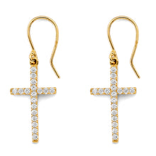 Load image into Gallery viewer, 14K Yellow Gold CZ Cross Hanging Earrings