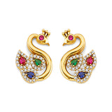 14K Two Tone Gold Swan With Multi Color CZ Earrings