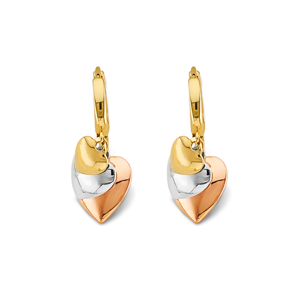 14K Tri Color Gold Hanging Hearts Huggies Earrings
