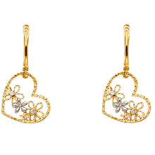 Load image into Gallery viewer, 14K Two Tone Gold CZ Heart And Flower Hoop Earrings
