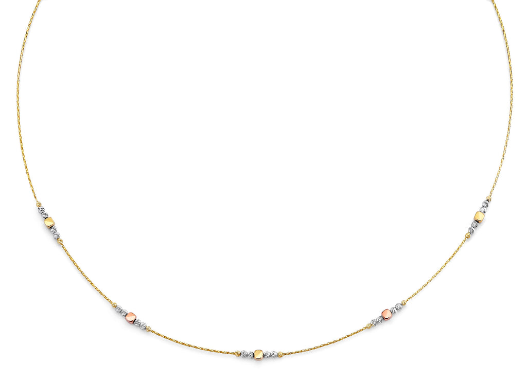 14K Tri Color Gold String Necklace With Square And Round Ball