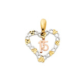14K Tri Color Gold 15 Years Heart Pendant
