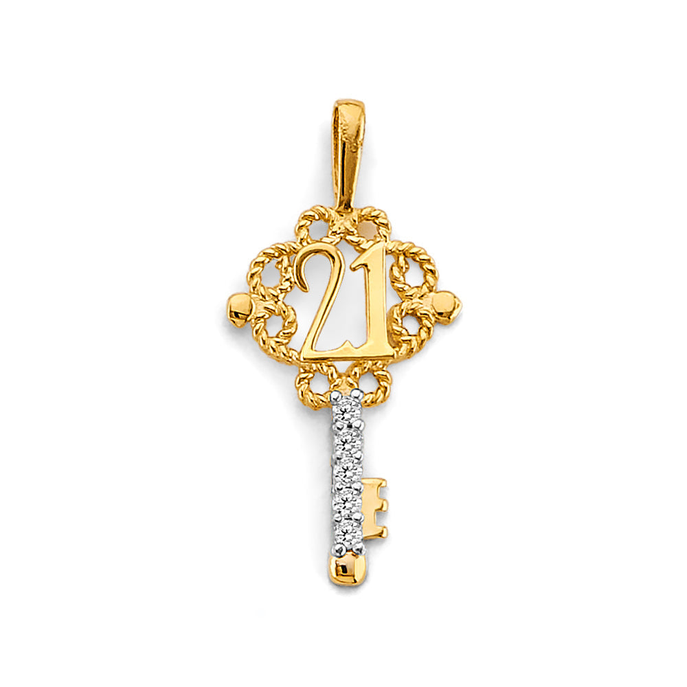 14K Two Tone Gold CZ Key 21 Years Pendant
