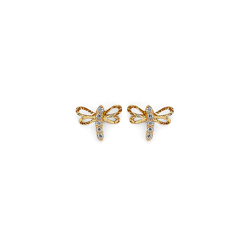 14K Yellow Gold Dragonfly CZ Stud Earrings With Screw Back