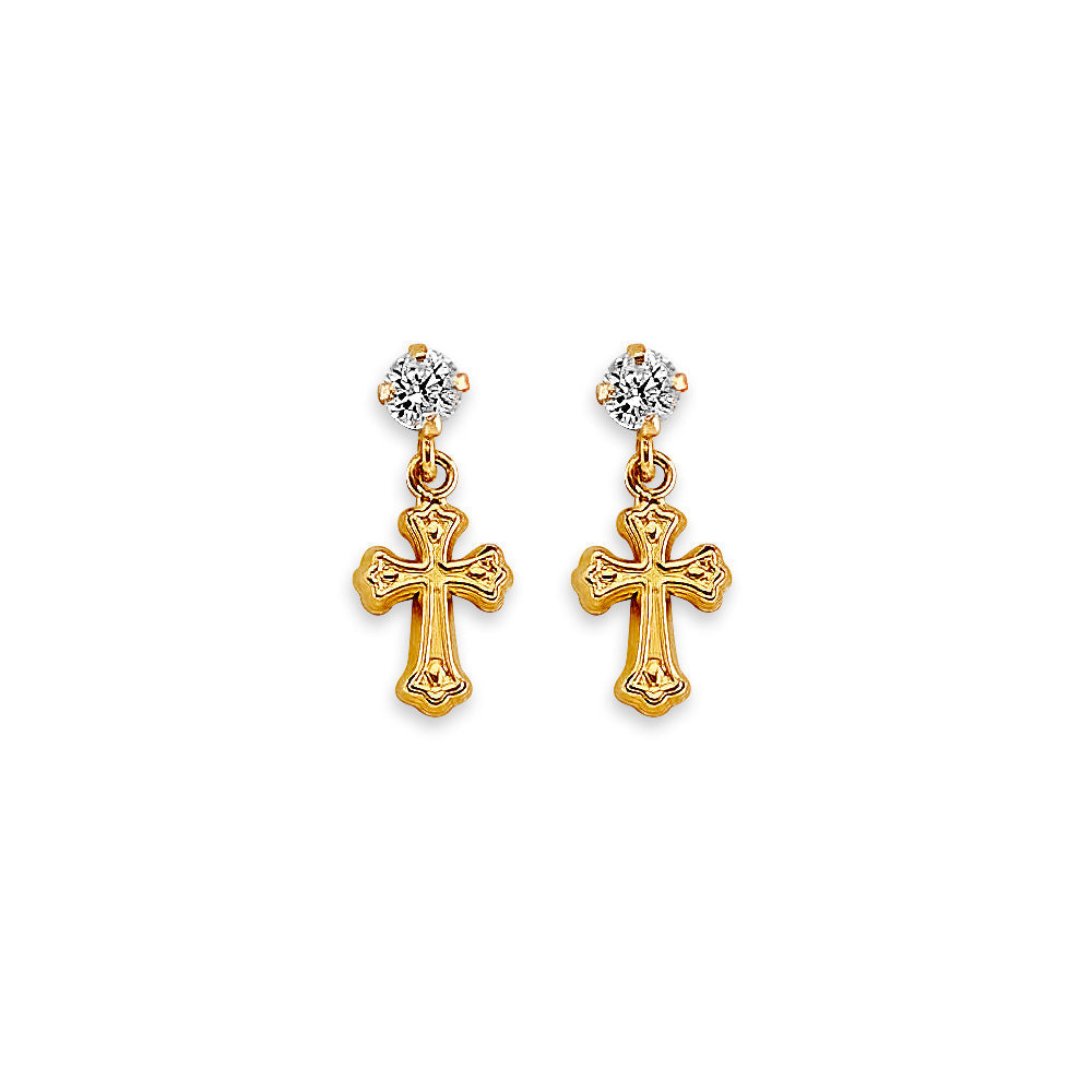 14K Yellow Gold CZ Cross Stud Earrings With Screw Back