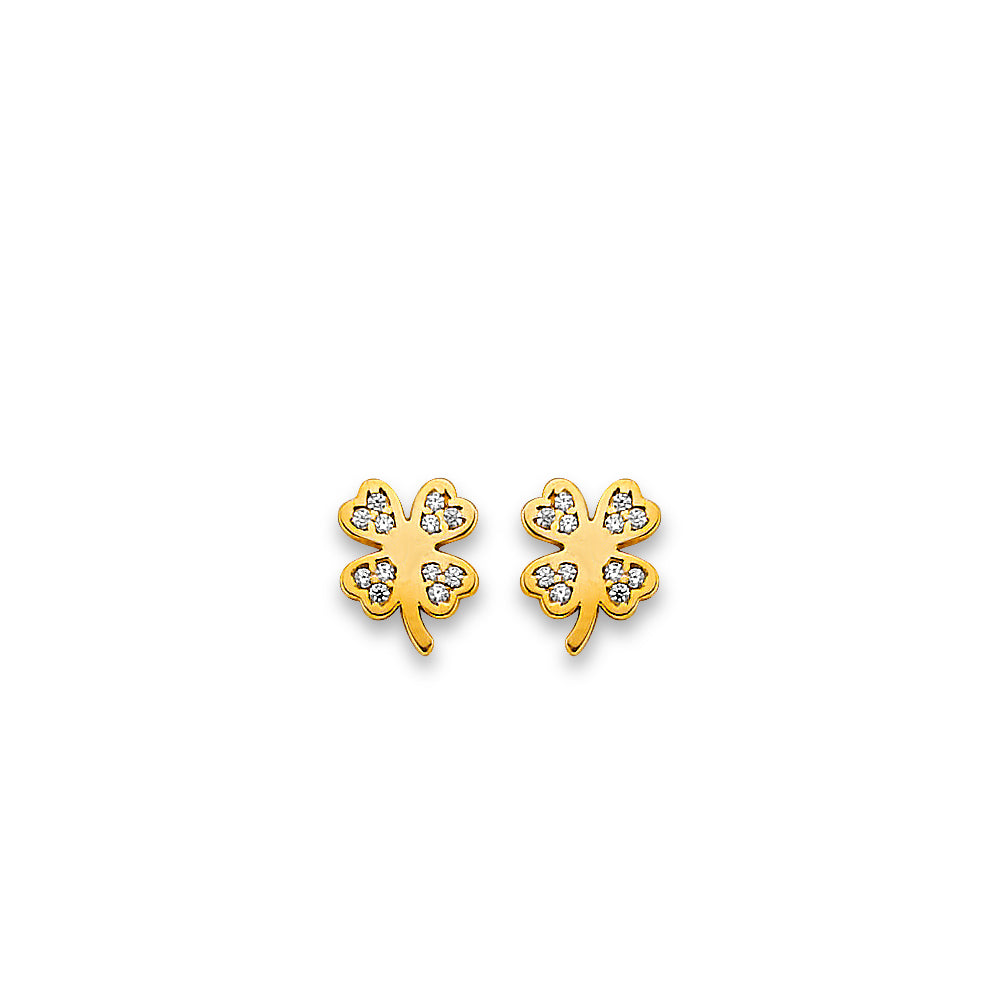 14K Yellow Gold Clover CZ Stud Earrings With Screw Back