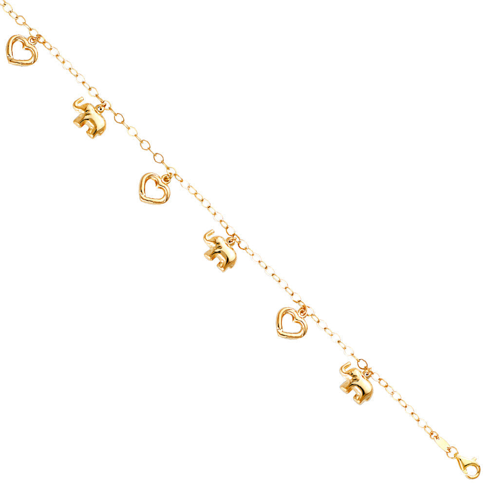 14K Yellow Hanging Elephant and Heart Bracelet