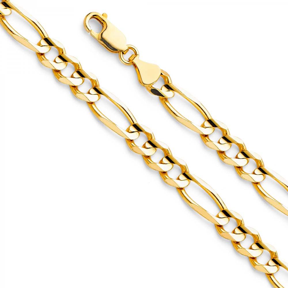 14K Yellow Gold 6.9mm Lobster Figaro 3+1 Concave Regular Link Chain With Spring Clasp Closure