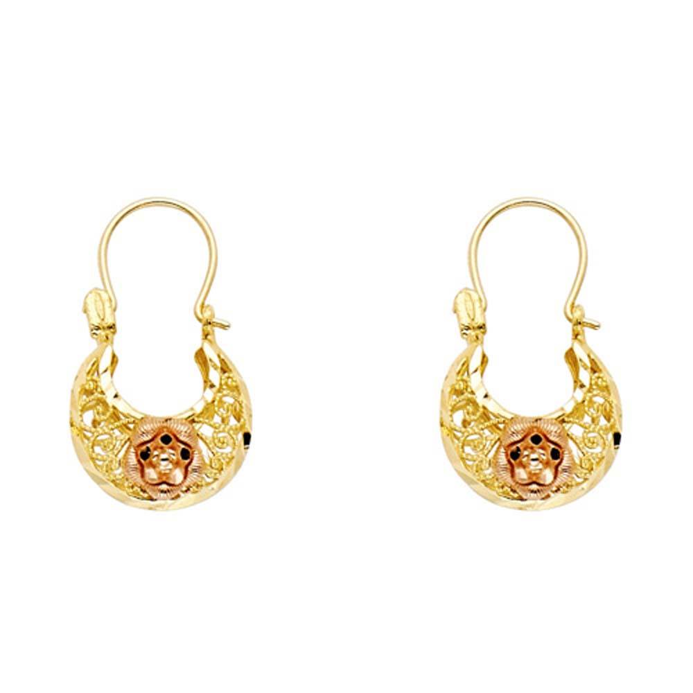 14k Two Tone Gold 12mm Polished Crescent Star Filigree Hoop Earrings
