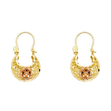 Load image into Gallery viewer, 14k Two Tone Gold 12mm Polished Crescent Star Filigree Hoop Earrings