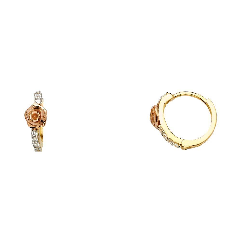14K Two Tone Rose Design Cubic Zirconia Huggie Hoop Earrings  CZ Huggies Earrings