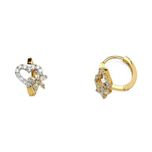 Load image into Gallery viewer, 14K Yellow Gold Heart &amp; Bow CZ Huggie Hoop Earrings