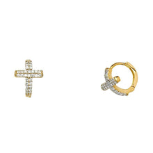 Load image into Gallery viewer, 14K Two Tone Gold Fancy Cross Cubic Zirconia Huggie Hoop Earrings