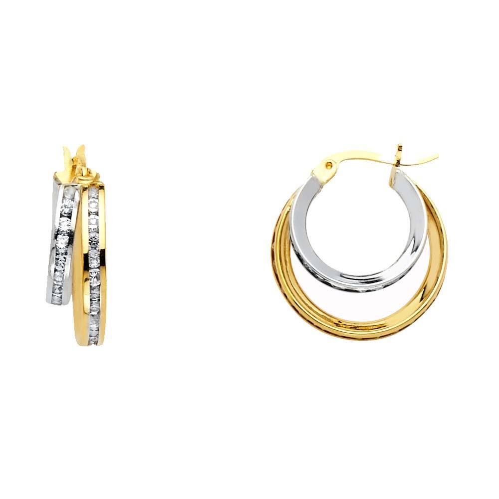 14K Two Tone 5mm RD Clear CZ Channel 2 Line Hoop Earrings