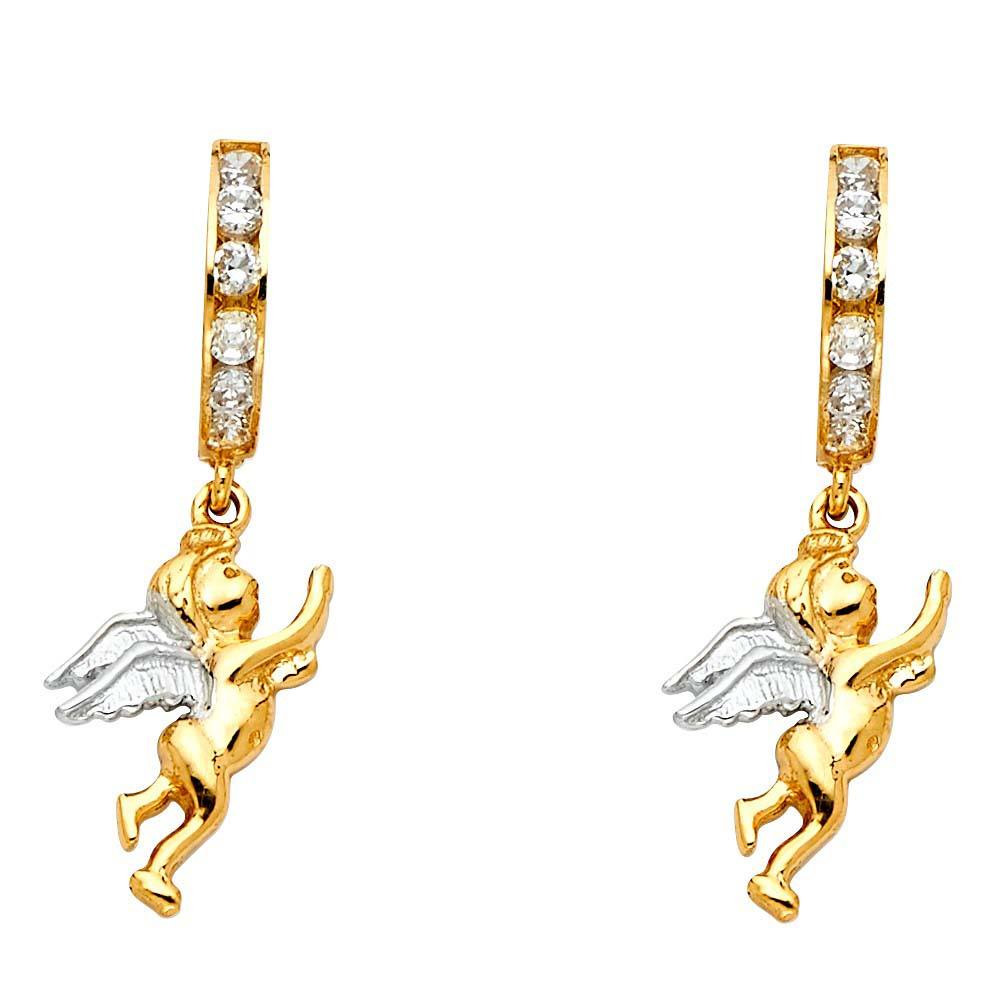 14K Two Tone Gold CZ Hanging Huggies Earrings