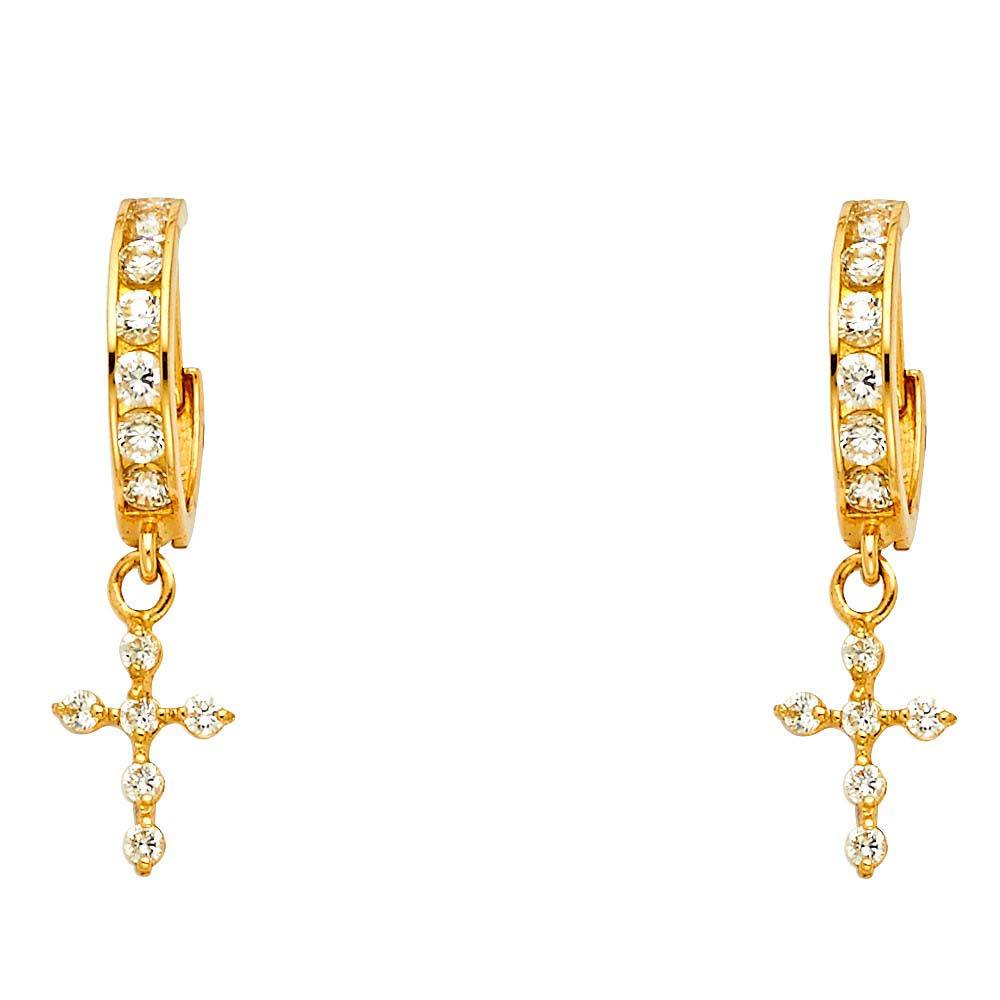 14K Yellow Gold CZ Hanging Huggies Earrings