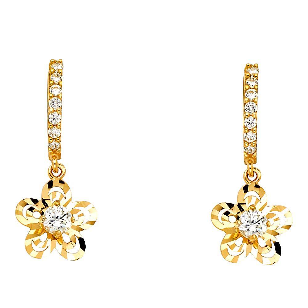 14K Yellow Gold CZ Hanging Huggies Earrings
