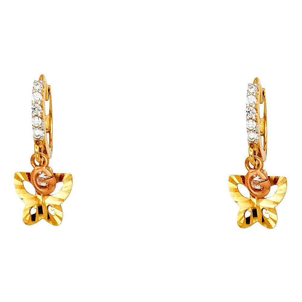 14K Two Tone Gold CZ Hanging Huggies Earrings