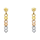 14K Tri Color 4mm Hanging Heart Post Earrings