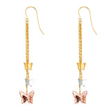 14K Tri Color Butterfly Hanging Earrings