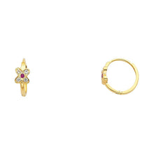 Load image into Gallery viewer, 14k Yellow Gold Polished Pave Set Mini Style Flower Purple And Clear CZ Huggie Earrings With Hinge Backing