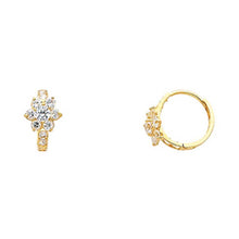 Load image into Gallery viewer, 14k Yellow Gold Polished Channel Set Flower CZ Huggie Earrings With Hinge Backing