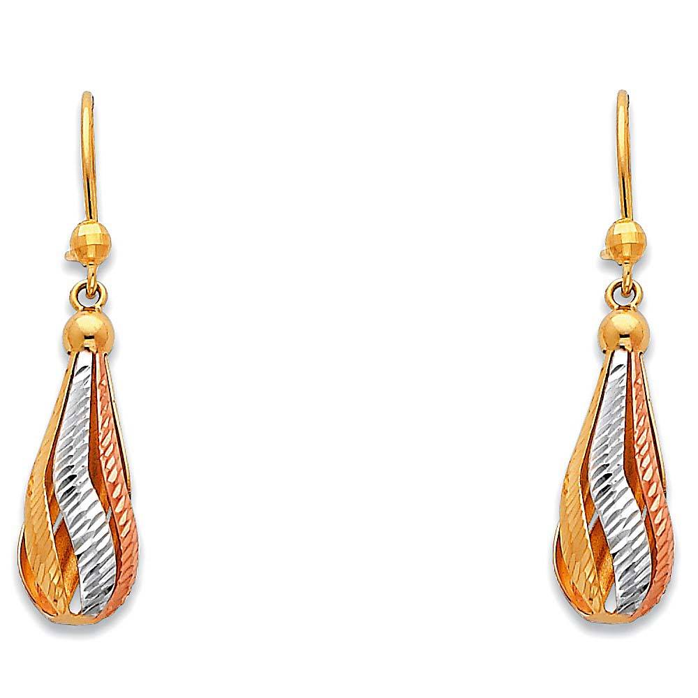 14K Tri Color Gold Teardrop Hanging Earrings