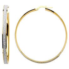 Load image into Gallery viewer, 14K Two Tone Gold 4mm Shimmer Satin Glittery White Finish Sparkling Center Latch And Hinge-Notch Post Backing Large Hoop Earrings