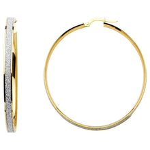 Load image into Gallery viewer, 14K Two Tone Gold 4mm Shimmer Satin Glittery White Finish Sparkling Latch And Hinge-Notch Post Backing Center Hoop Earrings