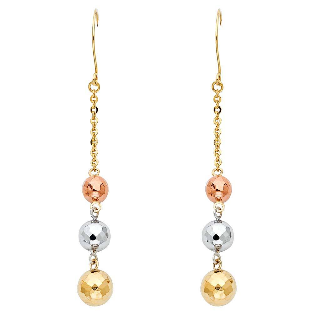 14K Tri Color 3 Disco Ball Hanging Earrings
