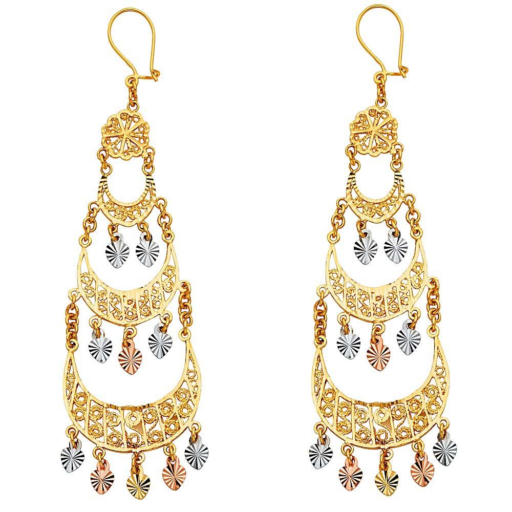 14K Tri Color Gold 36mm DC Chandelier Hanging Earrings