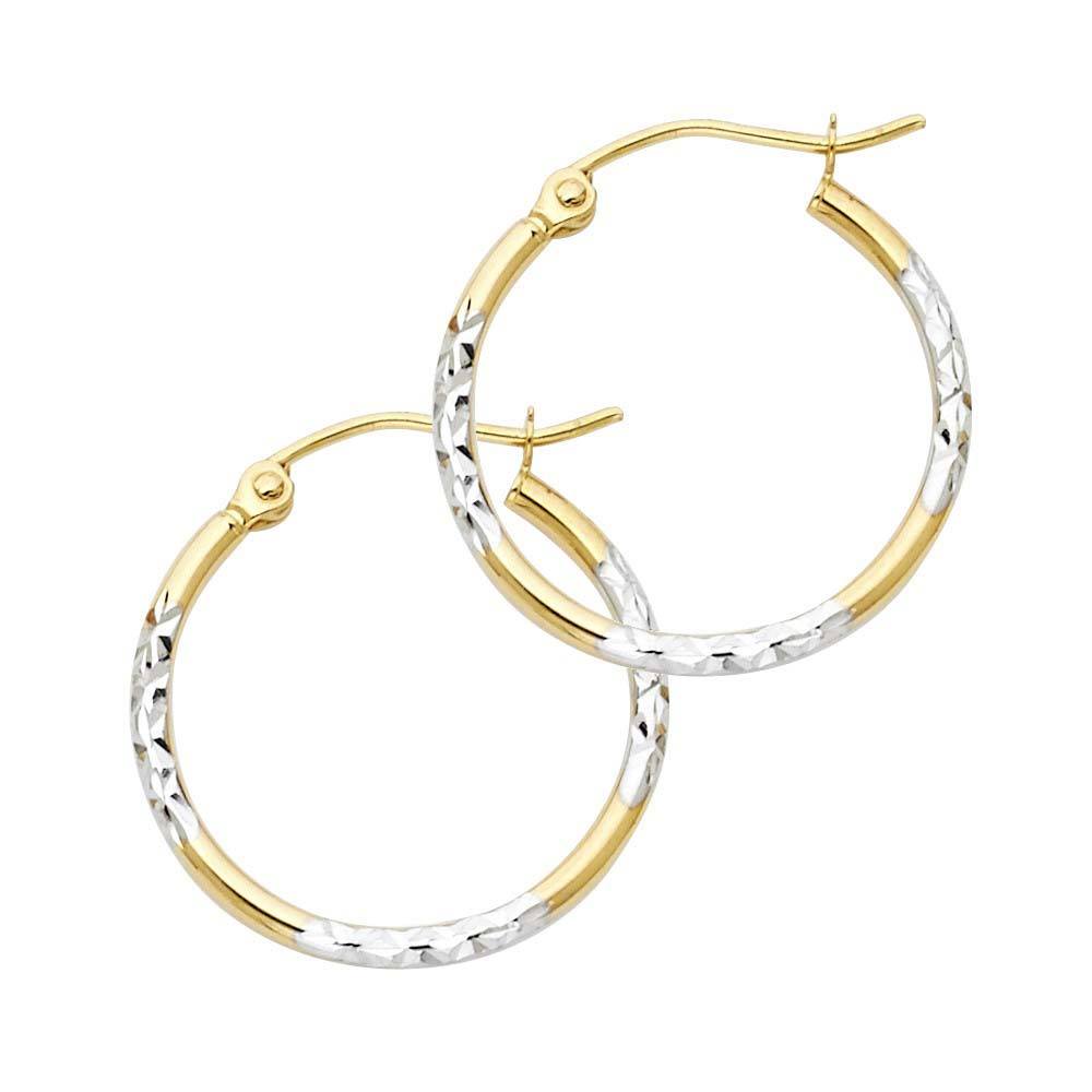 14k Two Tone Gold 1.5mm Medium Rounded Diamond Cut Polished Hoop Earrings