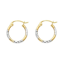 Load image into Gallery viewer, 14k Two Tone Gold 1.5mm Petite Crisscross Diamond Cut Glossy Hoop Earrings