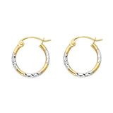 14k Two Tone Gold 1.5mm Petite Crisscross Diamond Cut Glossy Hoop Earrings