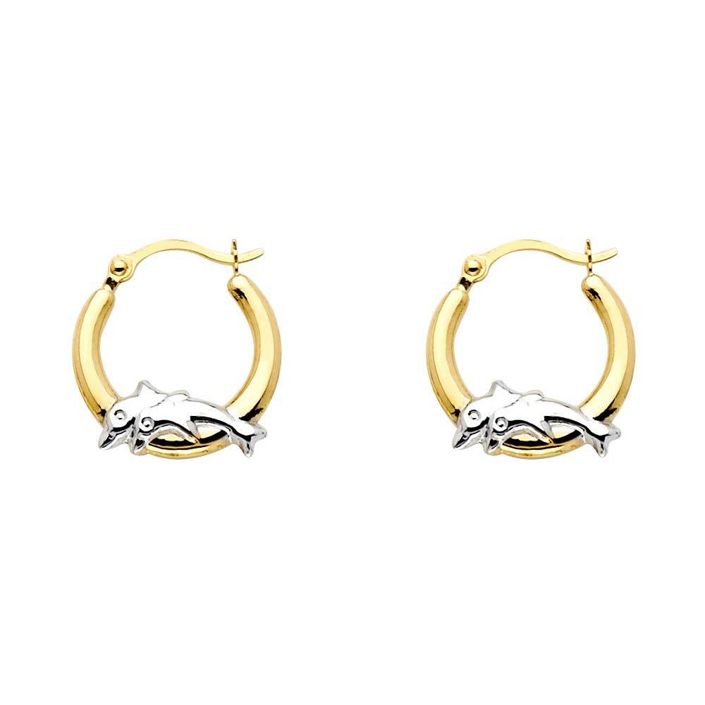 14k Two Tone Gold Polished Petite Dolphin Hinge Hoop Earrings