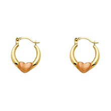 Load image into Gallery viewer, 14k Two Tone Gold Polished Petite Satin Heart Hoop Earrings